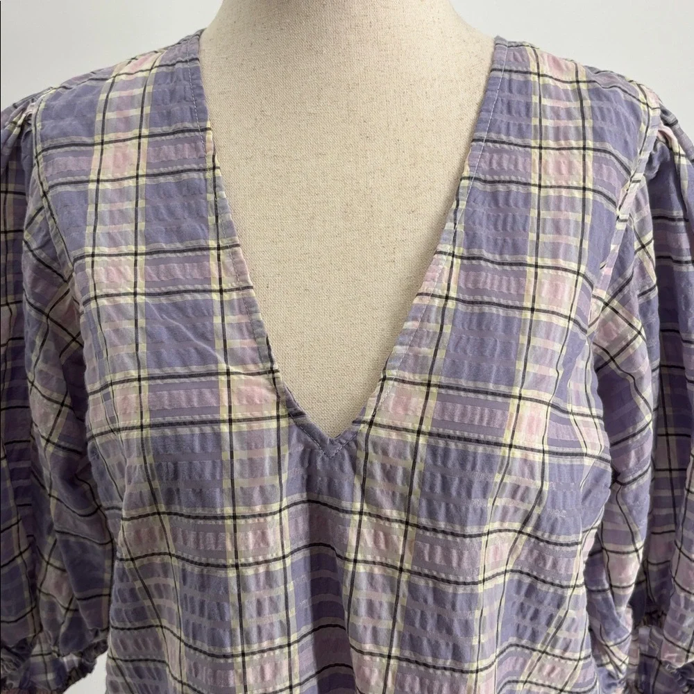 Ganni Check Seersucker Check V Neck Blouse in Persian Violet Check - Size Small - Picture 4 of 10
